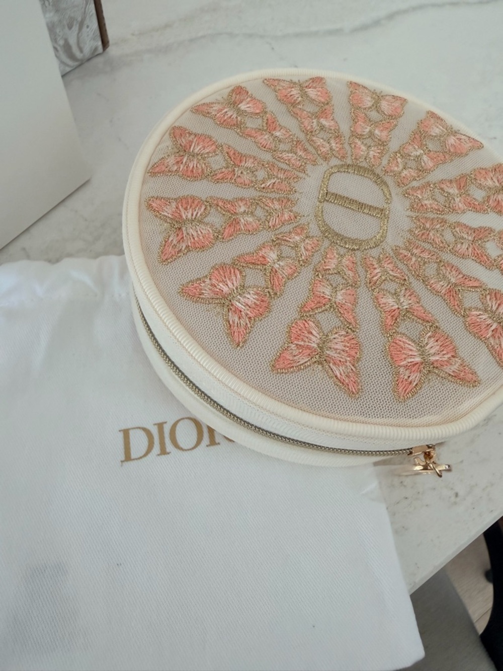 Dior Round Embroidered Cosmetic Case in Cream, Pink & Gold